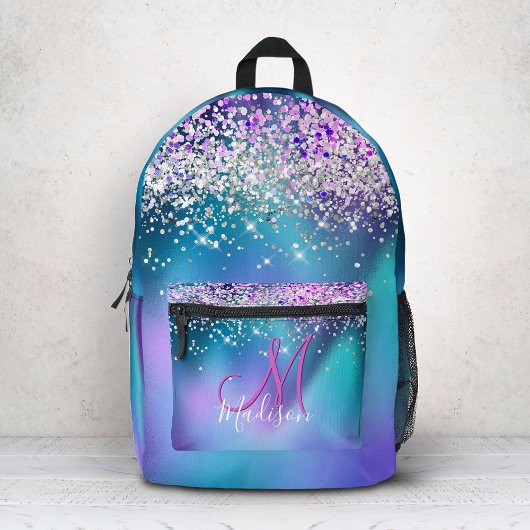 Cute turquoise paarse faux glitter monogram bedrukte rugzak
