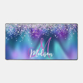 Cute turquoise paarse faux glitter monogram bureaumat (Voorkant)
