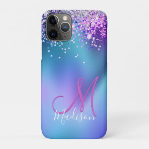Cute turquoise paarse faux glitter monogram Case-Mate iPhone case