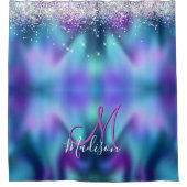 Cute turquoise paarse faux glitter monogram douchegordijn (Voorkant)