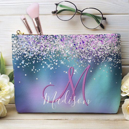 Cute turquoise paarse faux glitter monogram etui