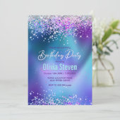 Cute turquoise paarse faux glitter monogram kaart (Staand voorkant)