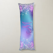 Cute turquoise paarse faux glitter monogram lichaamskussen (Achterkant (Verticaal))