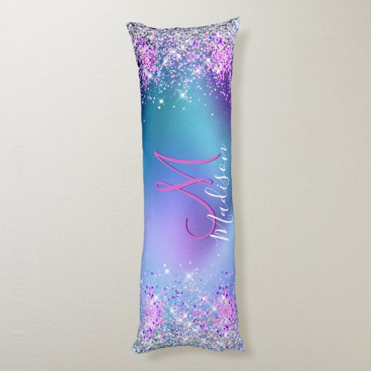Cute turquoise paarse faux glitter monogram lichaamskussen (Achterkant (Verticaal))