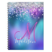 Cute turquoise paarse faux glitter monogram notitieboek (Voorkant)