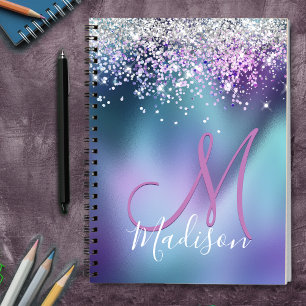 Cute turquoise paarse faux glitter monogram notitieboek