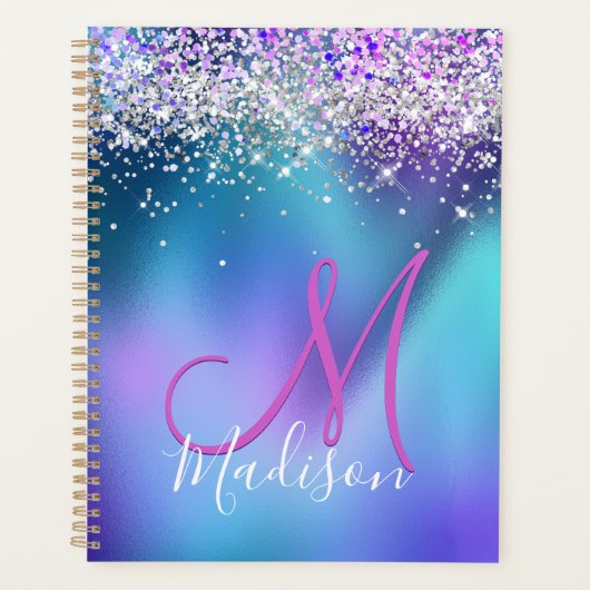 Cute turquoise paarse faux glitter monogram planner (Voorkant)