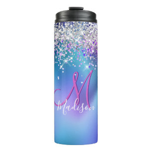 Cute turquoise paarse faux glitter monogram thermosbeker