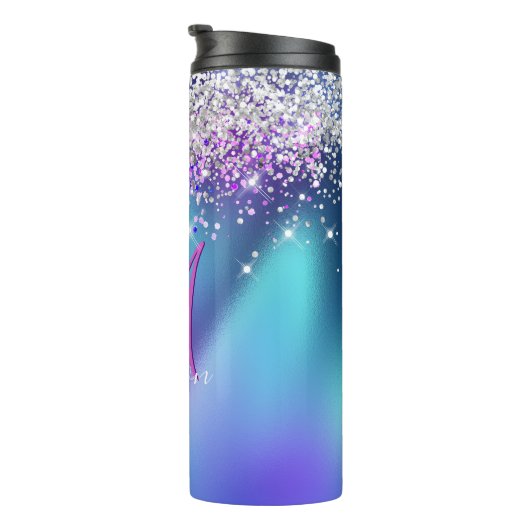 Cute turquoise paarse faux glitter monogram thermosbeker (Geroteerd rechts)