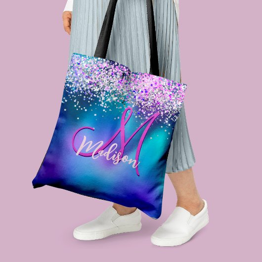 Cute turquoise paarse faux glitter monogram tote bag