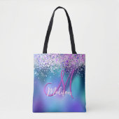 Cute turquoise paarse faux glitter monogram tote bag (Voorkant)