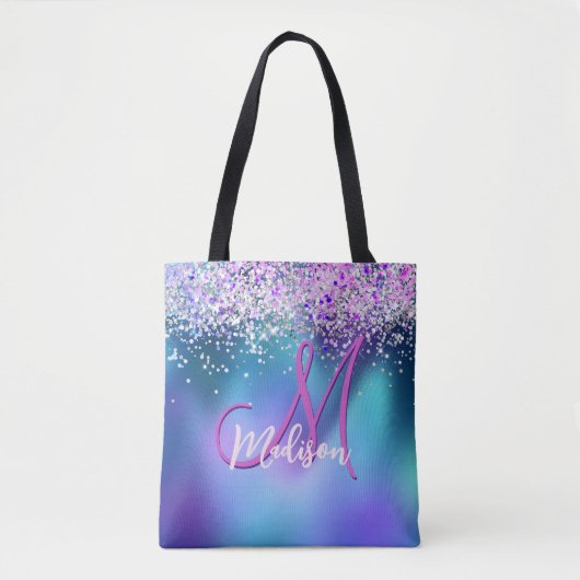 Cute turquoise paarse faux glitter monogram tote bag (Voorkant)