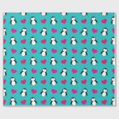Cute turquoise pguin harten patroon cadeaupapier (Vlak)