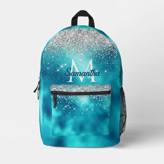 Cute turquoise Silfaux glitter monogram Bedrukte Rugzak (Voorkant)