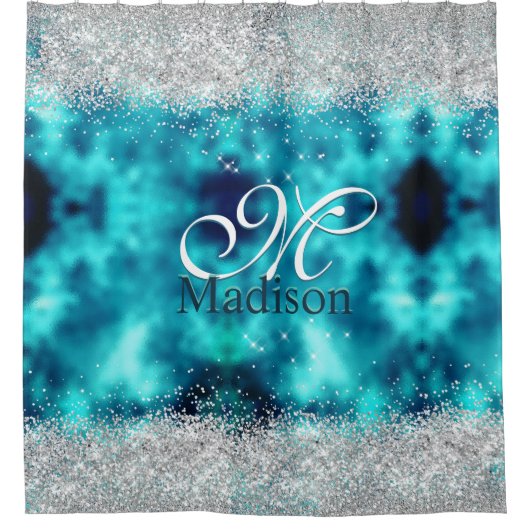 Cute turquoise Silfaux glitter monogram Douchegordijn (Voorkant)