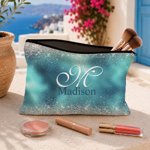 Cute turquoise Silfaux glitter monogram Etui