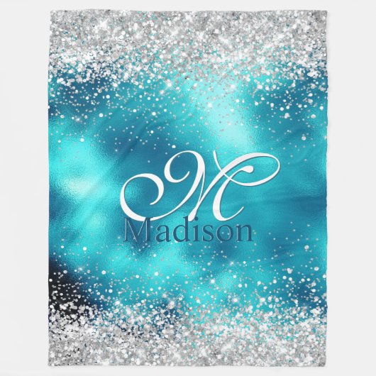 Cute turquoise Silfaux glitter monogram Fleece Deken (Voorkant)