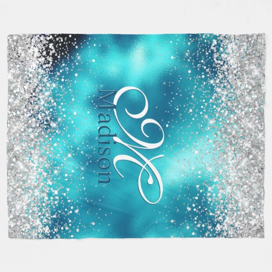 Cute turquoise Silfaux glitter monogram Fleece Deken (Voorkant (Horizontaal))