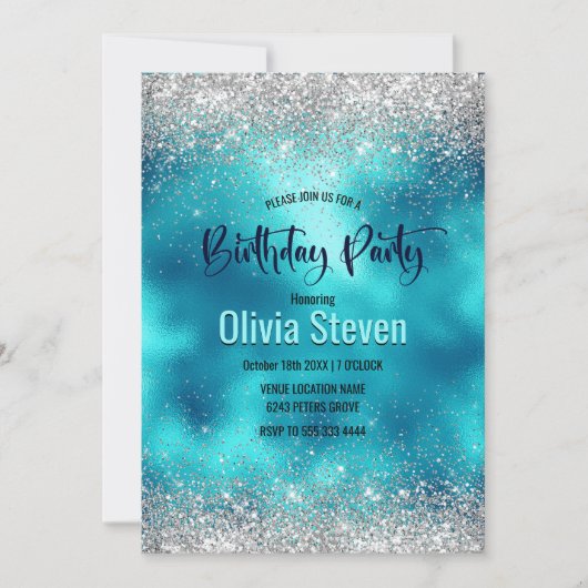 Cute turquoise Silfaux glitter monogram Kaart (Voorkant)