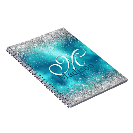 Cute turquoise Silfaux glitter monogram Notitieboek (Rechterzijde)