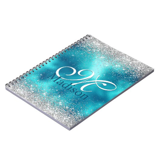Cute turquoise Silfaux glitter monogram Notitieboek (Linkerzijde)