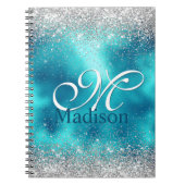 Cute turquoise Silfaux glitter monogram Notitieboek (Voorkant)