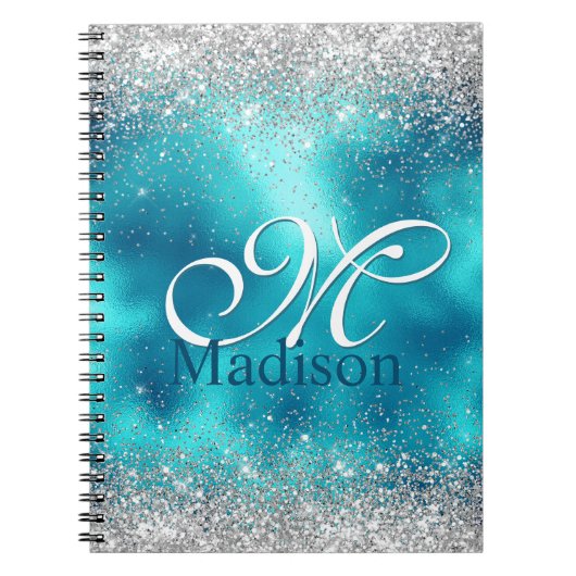 Cute turquoise Silfaux glitter monogram Notitieboek (Voorkant)