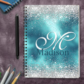 Cute turquoise Silfaux glitter monogram Notitieboek
