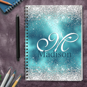 Cute turquoise Silfaux glitter monogram Notitieboek