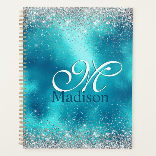 Cute turquoise Silfaux glitter monogram Planner (Voorkant)