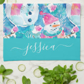 Cute turquoise sneeuwmannen script naam theedoek (Gevouwen)