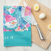 Cute turquoise sneeuwmannen script naam theedoek (Quarter Fold)