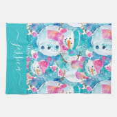 Cute turquoise sneeuwmannen script naam theedoek (Horizontaal)