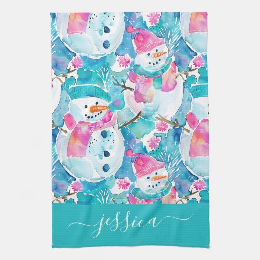 Cute turquoise sneeuwmannen script naam theedoek (Verticaal)