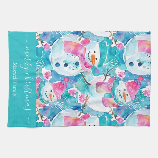 Cute turquoise snowmen script christmas theedoek (Horizontaal)