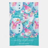 Cute turquoise snowmen script christmas theedoek (Verticaal)