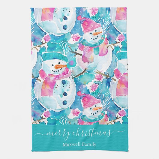 Cute turquoise snowmen script christmas theedoek (Verticaal)