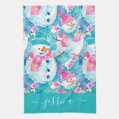 Cute turquoise snowmen script name theedoek (Verticaal)