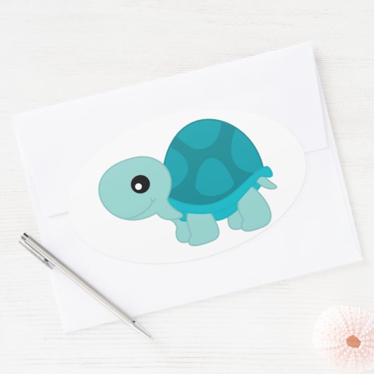 Cute Turquoise Tortoise Ovale Sticker (Envelop)