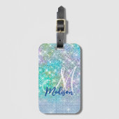 Cute Turquoise unicorn faux glitter monogram Bagagelabel (Voorkant (verticaal))