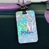 Cute Turquoise unicorn faux glitter monogram Bagagelabel