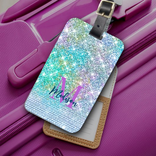 Cute Turquoise unicorn faux glitter monogram Bagagelabel