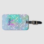 Cute Turquoise unicorn faux glitter monogram Bagagelabel (Voorkant (horizontaal))
