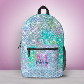 Cute Turquoise unicorn faux glitter monogram Bedrukte Rugzak