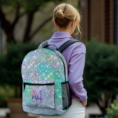 Cute Turquoise unicorn faux glitter monogram Bedrukte Rugzak