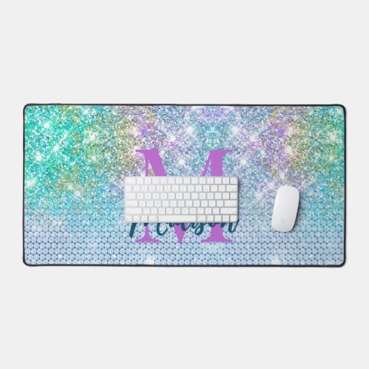 Cute Turquoise unicorn faux glitter monogram Bureaumat (Keyboard & Muis)