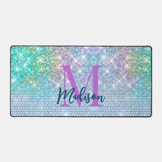 Cute Turquoise unicorn faux glitter monogram Bureaumat (Voorkant)