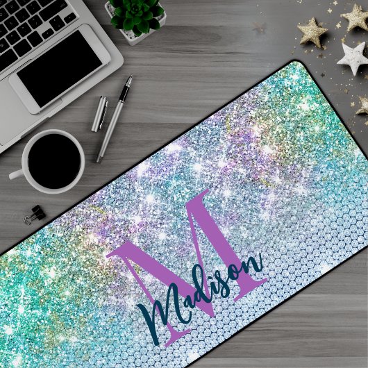 Cute Turquoise unicorn faux glitter monogram Bureaumat