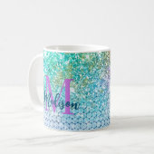 Cute Turquoise unicorn faux glitter monogram Koffiemok (Voorkant links)