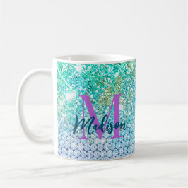 Cute Turquoise unicorn faux glitter monogram Koffiemok